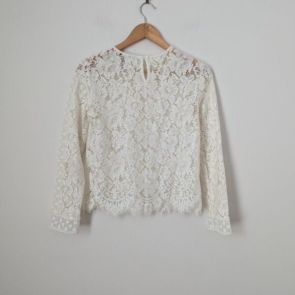 Club Monaco white ivory Blanc Samyra lace sheer long sleeve crewneck blouse - Picture 4 of 5